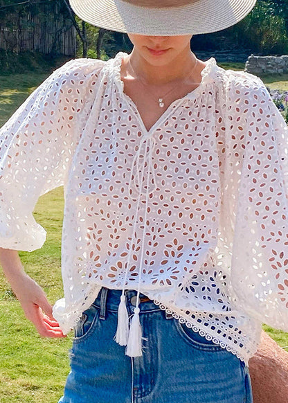 Spring Beige V Cotton French Neck Out Shirt Hollow