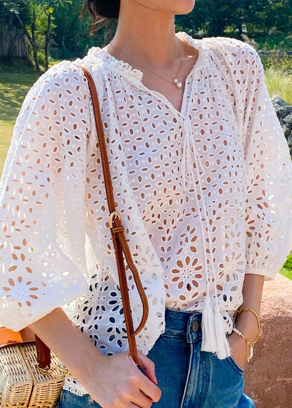 Spring Beige V Cotton French Neck Out Shirt Hollow