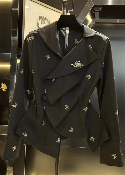 French Black Asymmetrical Butterfly Spandex Shirt Fall RK023