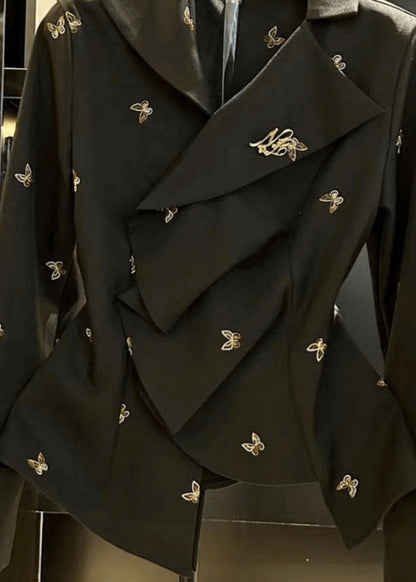 French Black Asymmetrical Butterfly Spandex Shirt Fall RK023