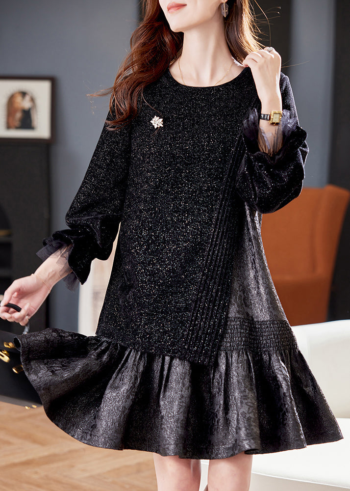 French Black Asymmetrical Patchwork Dresses Butterfly Sleeve RL045