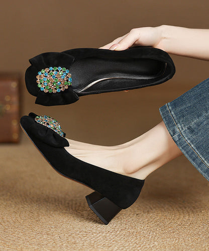 Splicing French Heel Black Bow Chunky Suede Zircon Shoes