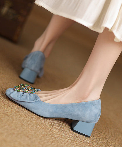 Splicing French Heel Black Bow Chunky Suede Zircon Shoes