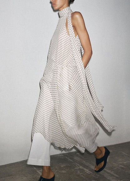 Sleeveless French Black Dot Long Chiffon Dress Print