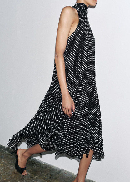 Sleeveless French Black Dot Long Chiffon Dress Print