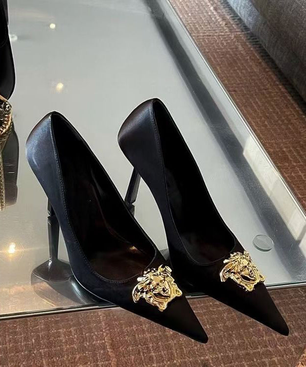 Pointed Splicing Toe French Heels Leather Black High Faux