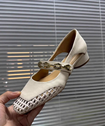 Square Toe French Chunky Breathable Hollow Woven Black Out