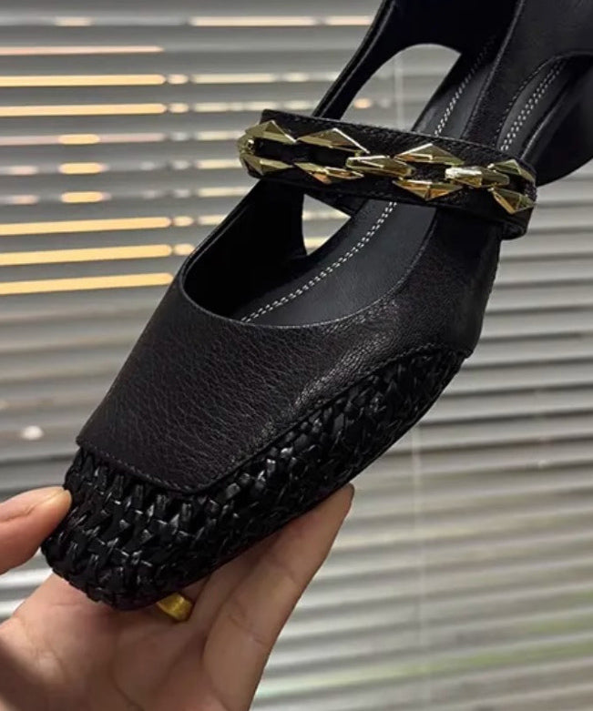 Square Toe French Chunky Breathable Hollow Woven Black Out