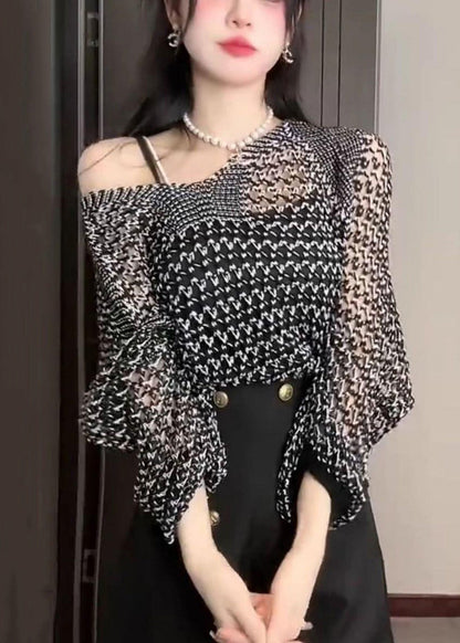 Knit Thin Sweater Black Batwing Out French Hollow Sleeve