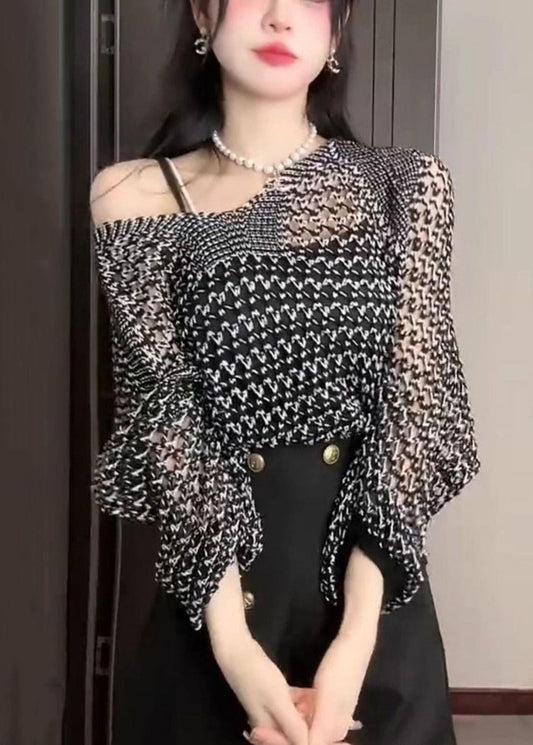 Knit Thin Sweater Black Batwing Out French Hollow Sleeve