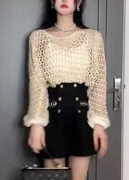 Knit Thin Sweater Black Batwing Out French Hollow Sleeve