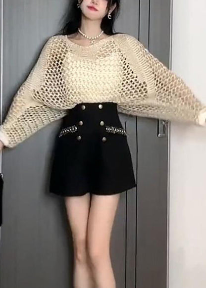 Knit Thin Sweater Black Batwing Out French Hollow Sleeve