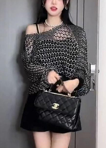 Knit Thin Sweater Black Batwing Out French Hollow Sleeve