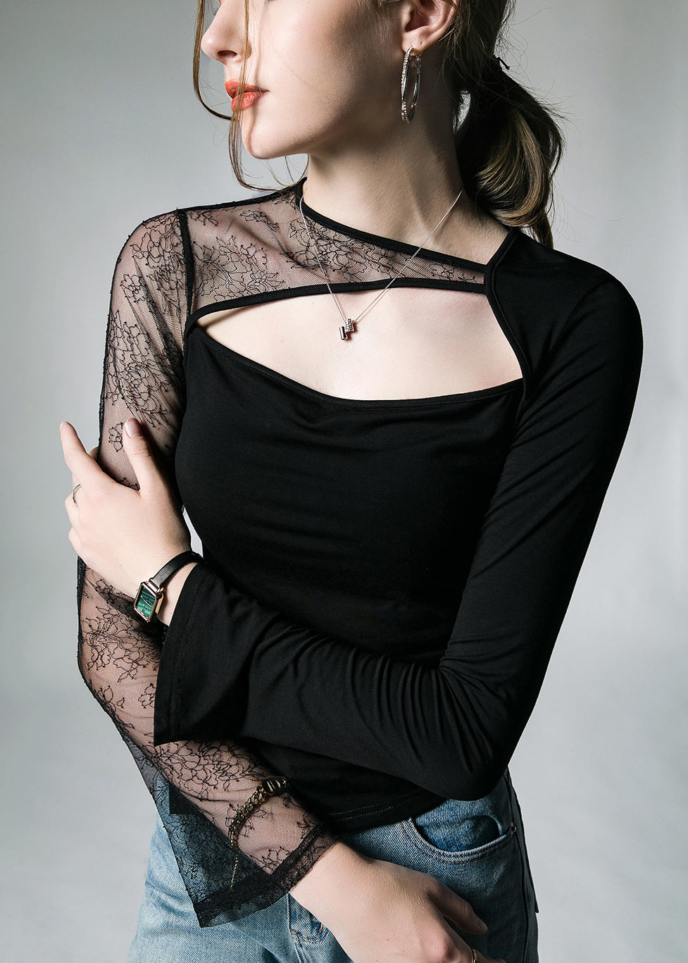 French Black Lace Tulle Patchwork Cotton T Shirt Fall AL1028