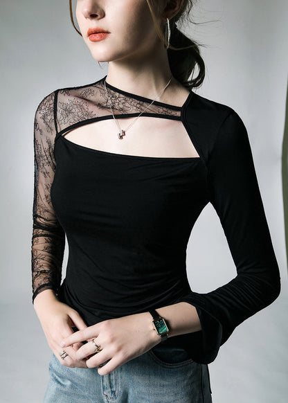 French Black Lace Tulle Patchwork Cotton T Shirt Fall AL1028