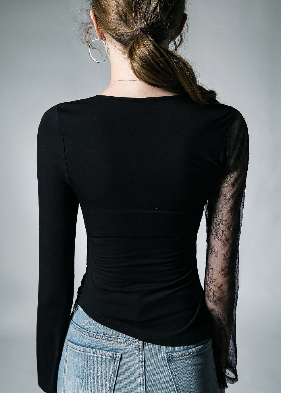 French Black Lace Tulle Patchwork Cotton T Shirt Fall AL1028
