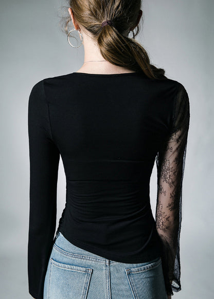 French Black Lace Tulle Patchwork Cotton T Shirt Fall AL1028