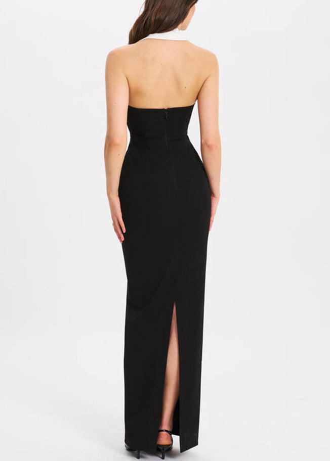 Backless Open Black Long French Notched Dresses Side Cotton