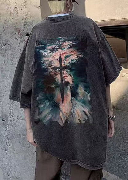 T Neck Half Black Print Sleeve Men O French Cotton Shirt