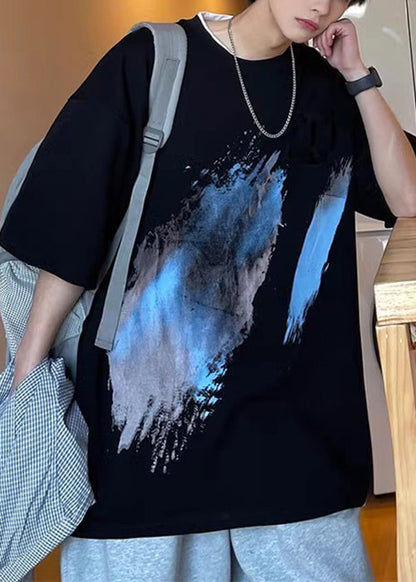 Black T Summer O Cotton Men Print Cozy Shirt French Neck