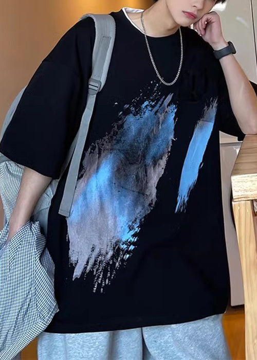 Black T Summer O Cotton Men Print Cozy Shirt French Neck