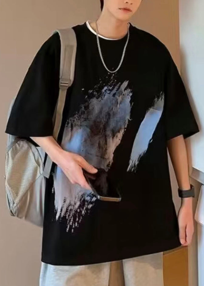 Black T Summer O Cotton Men Print Cozy Shirt French Neck