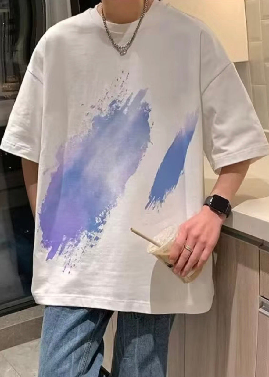 Black T Summer O Cotton Men Print Cozy Shirt French Neck