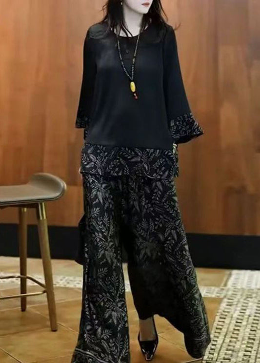 Silk Fall Black O Set Neck French Print Patchwork Two-Piece