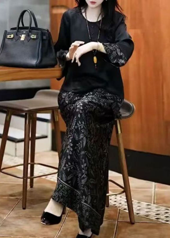 Silk Fall Black O Set Neck French Print Patchwork Two-Piece
