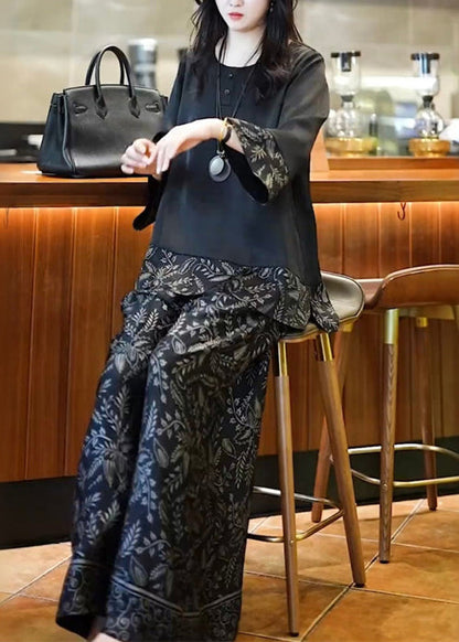 Silk Fall Black O Set Neck French Print Patchwork Two-Piece