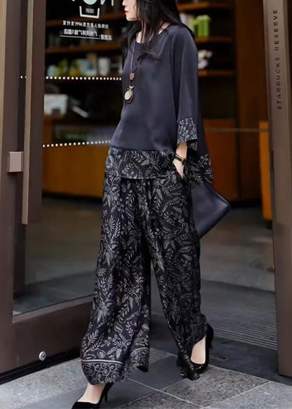 Silk Fall Black O Set Neck French Print Patchwork Two-Piece