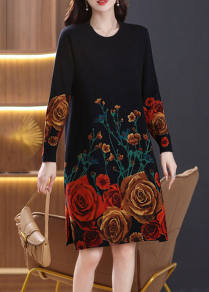 French Black O-Neck Print Wool Knit Dresses Spring TB013