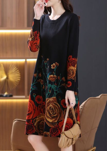 French Black O-Neck Print Wool Knit Dresses Spring TB013
