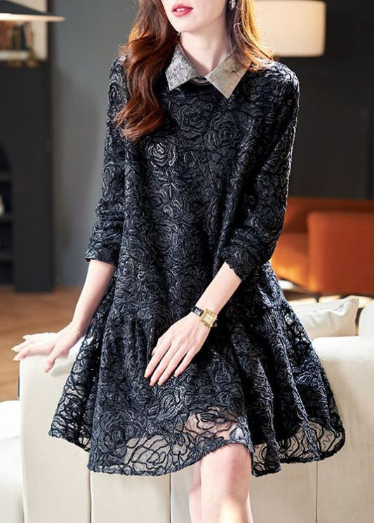 French Black Peter Pan Collar Patchwork Lace Dresses Spring RL003