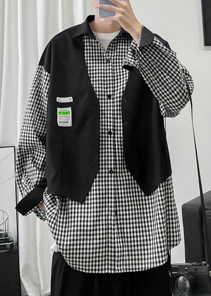Two Plaid False Men Cotton French Shirts Patchwork Black Pieces