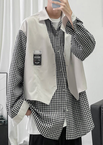 Two Plaid False Men Cotton French Shirts Patchwork Black Pieces