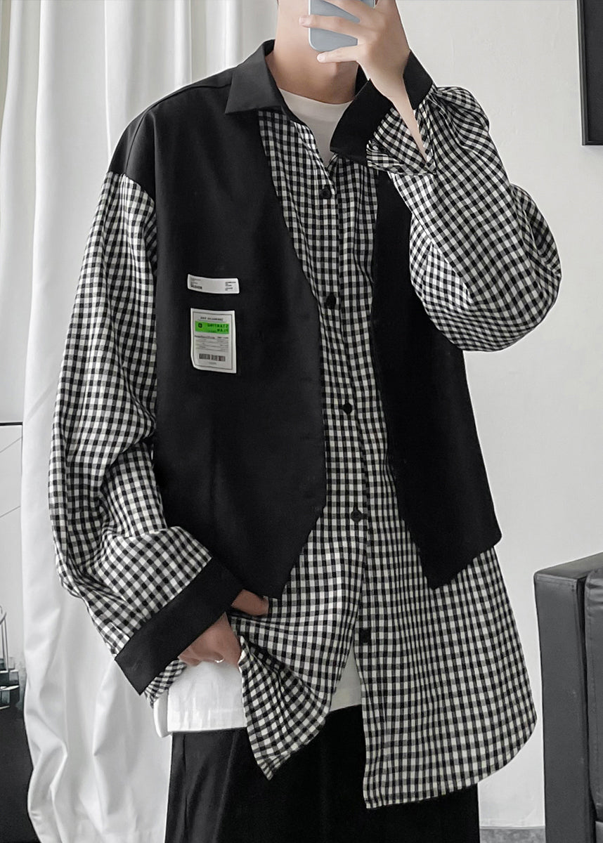 Two Plaid False Men Cotton French Shirts Patchwork Black Pieces