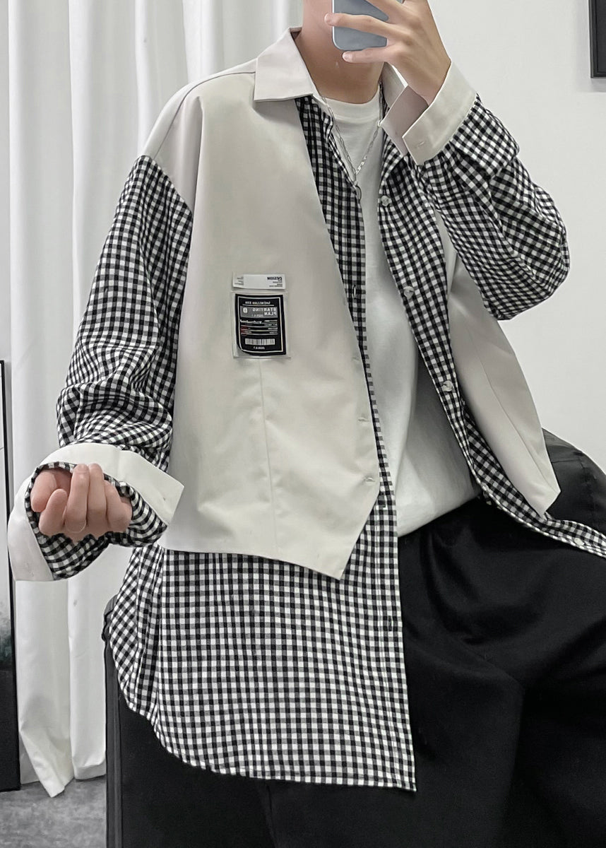 Two Plaid False Men Cotton French Shirts Patchwork Black Pieces