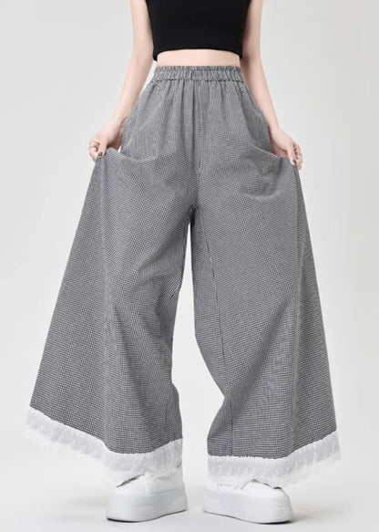 French Leg Lace Wide Cotton Patchwork Summer Pants Black Plaid