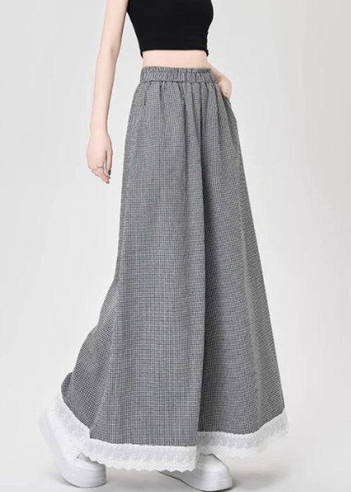 French Leg Lace Wide Cotton Patchwork Summer Pants Black Plaid
