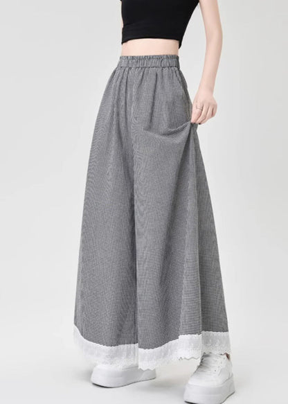 French Leg Lace Wide Cotton Patchwork Summer Pants Black Plaid