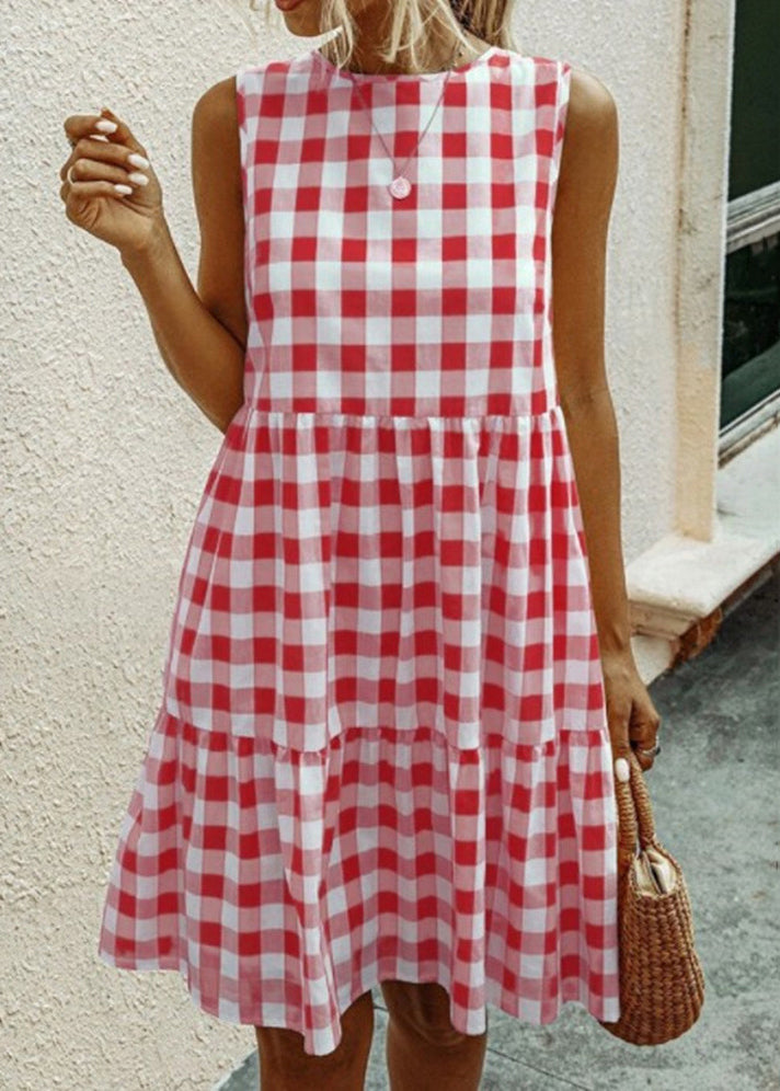 Pockets Black Dress Cotton Sleeveless Plaid French