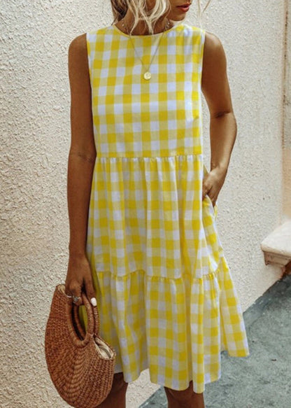 Sleeveless French Black Pockets Plaid Dress Cotton