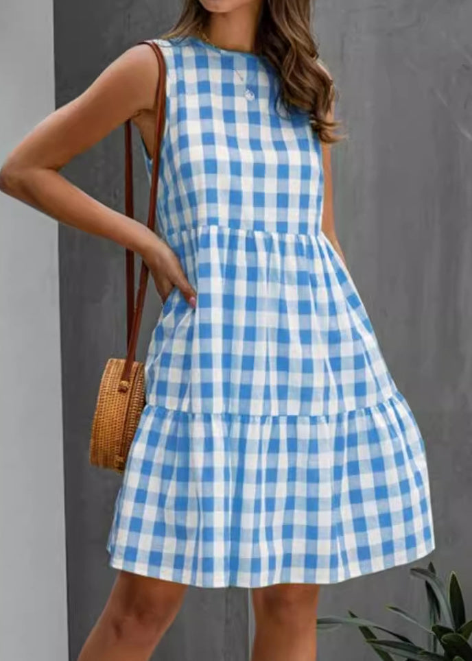 Sleeveless French Black Pockets Plaid Dress Cotton