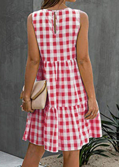 Sleeveless French Black Pockets Plaid Dress Cotton