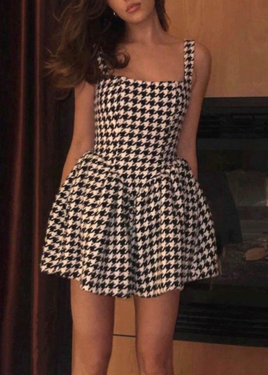 Mini Zippered Dresses Black Plaid French Sleeveless Cotton