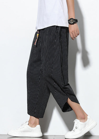 Waist Men Pants Pockets Harem French Elastic Cotton Black