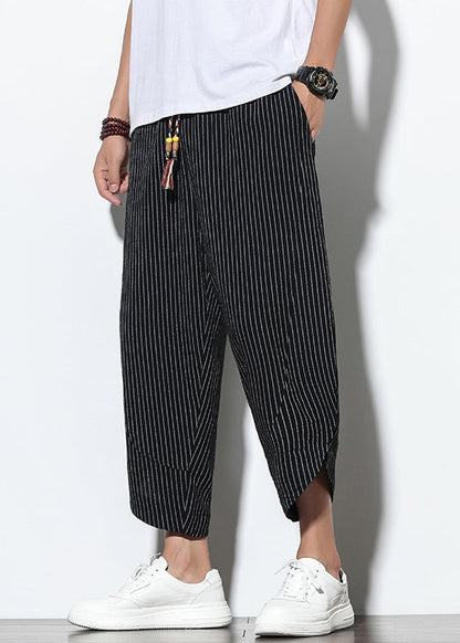 Waist Men Pants Pockets Harem French Elastic Cotton Black