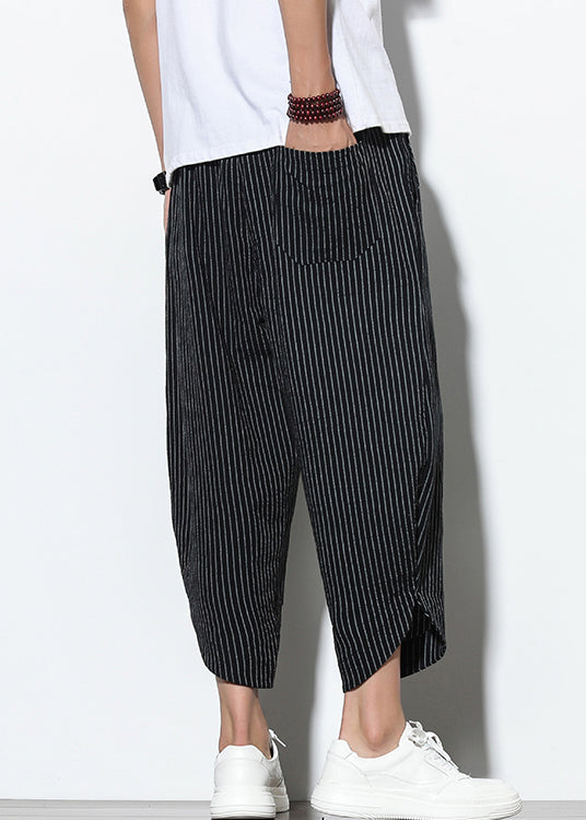 Waist Men Pants Pockets Harem French Elastic Cotton Black