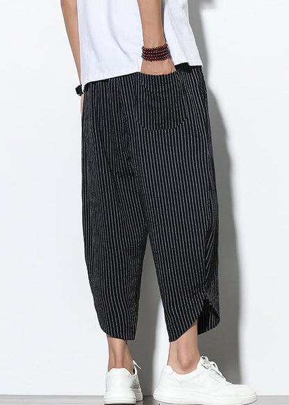 Waist Men Pants Pockets Harem French Elastic Cotton Black